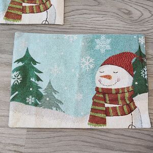 2 Snowman Placemats Cloth Tapestry Christmas Glitter Blue Reversible GrannyCore